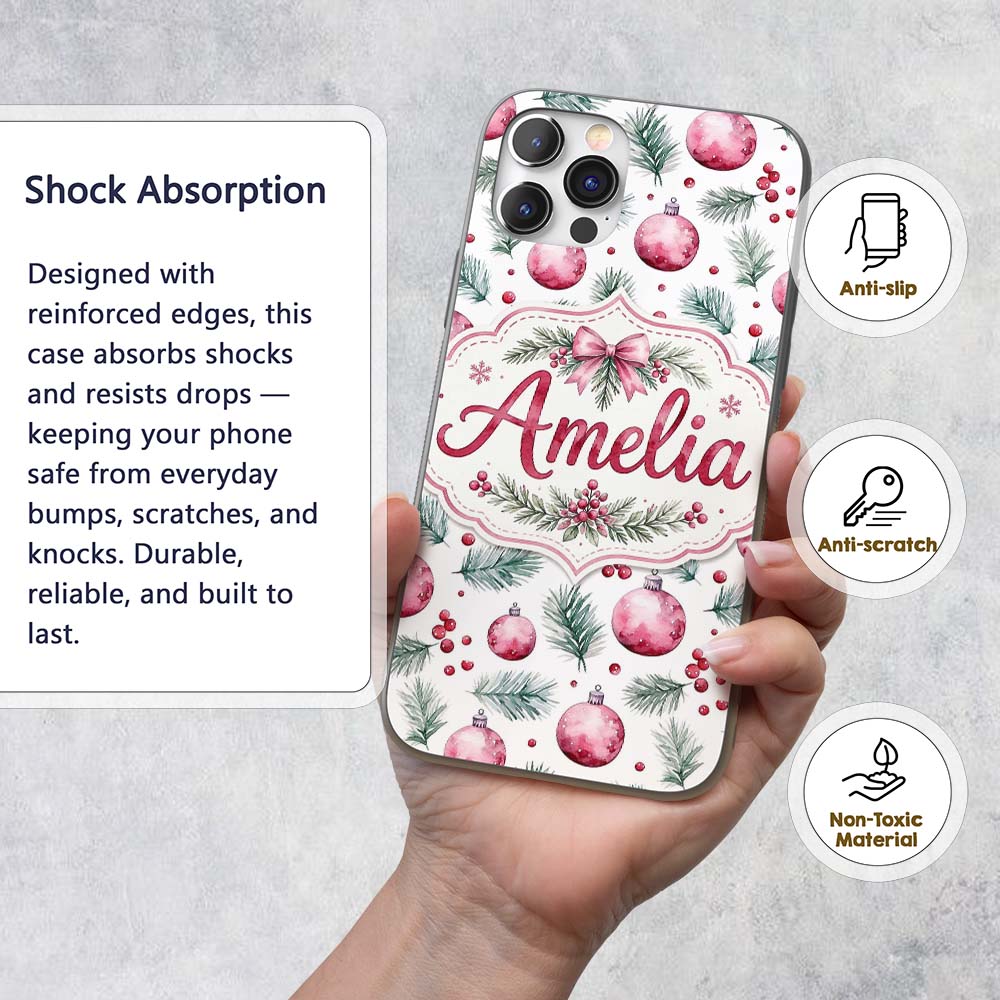 Watercolor Pink Christmas Baubles Pine Branch Custom Name Protective Phone Case Mobile Cover Durable Everyday Smartphone Shock Resistant