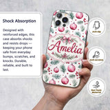 Watercolor Pink Christmas Baubles Pine Branch Custom Name Protective Phone Case Mobile Cover Durable Everyday Smartphone Shock Resistant