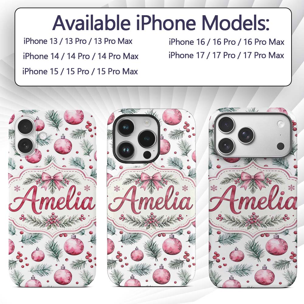 Watercolor Pink Christmas Baubles Pine Branch Custom Name Protective Phone Case Mobile Cover Durable Everyday Smartphone Shock Resistant