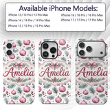 Watercolor Pink Christmas Baubles Pine Branch Custom Name Protective Phone Case Mobile Cover Durable Everyday Smartphone Shock Resistant
