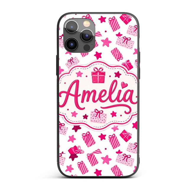 Cute Pink Christmas Gifts Stars Printed Design Custom Name Protective Phone Case Mobile Cover Durable Everyday Smartphone Shock Resistant