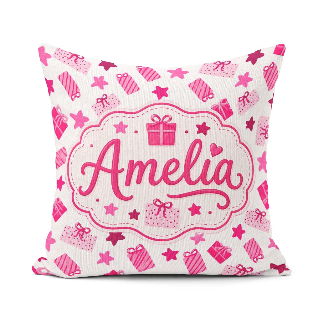Custom Name Cute Pink Christmas Gifts Stars Hand Drawn Seamless Square Filled Cushion Throw Pillow Sofa Bed Home Decor Zip Washable UK Made