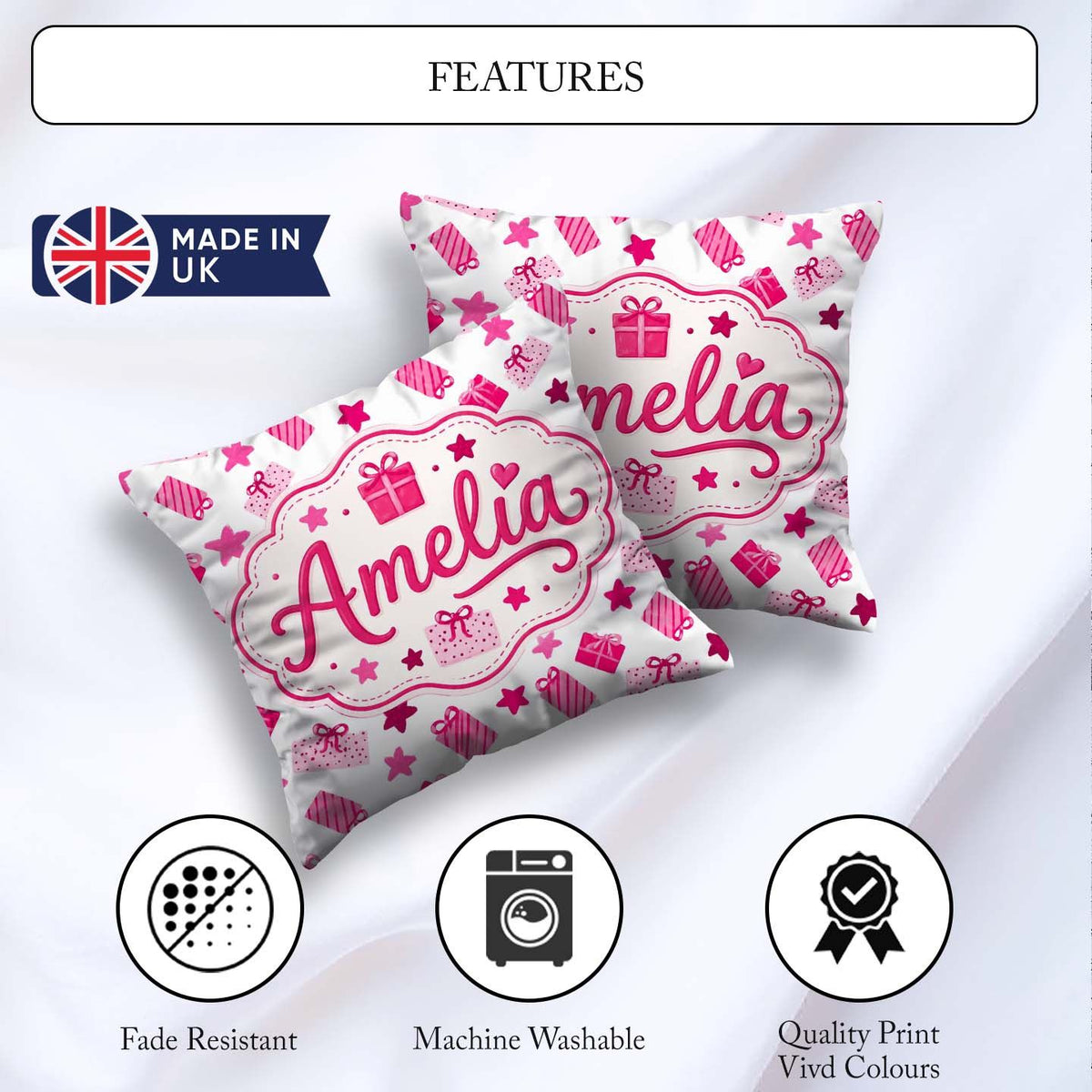 Custom Name Cute Pink Christmas Gifts Stars Hand Drawn Seamless Square Filled Cushion Throw Pillow Sofa Bed Home Decor Zip Washable UK Made