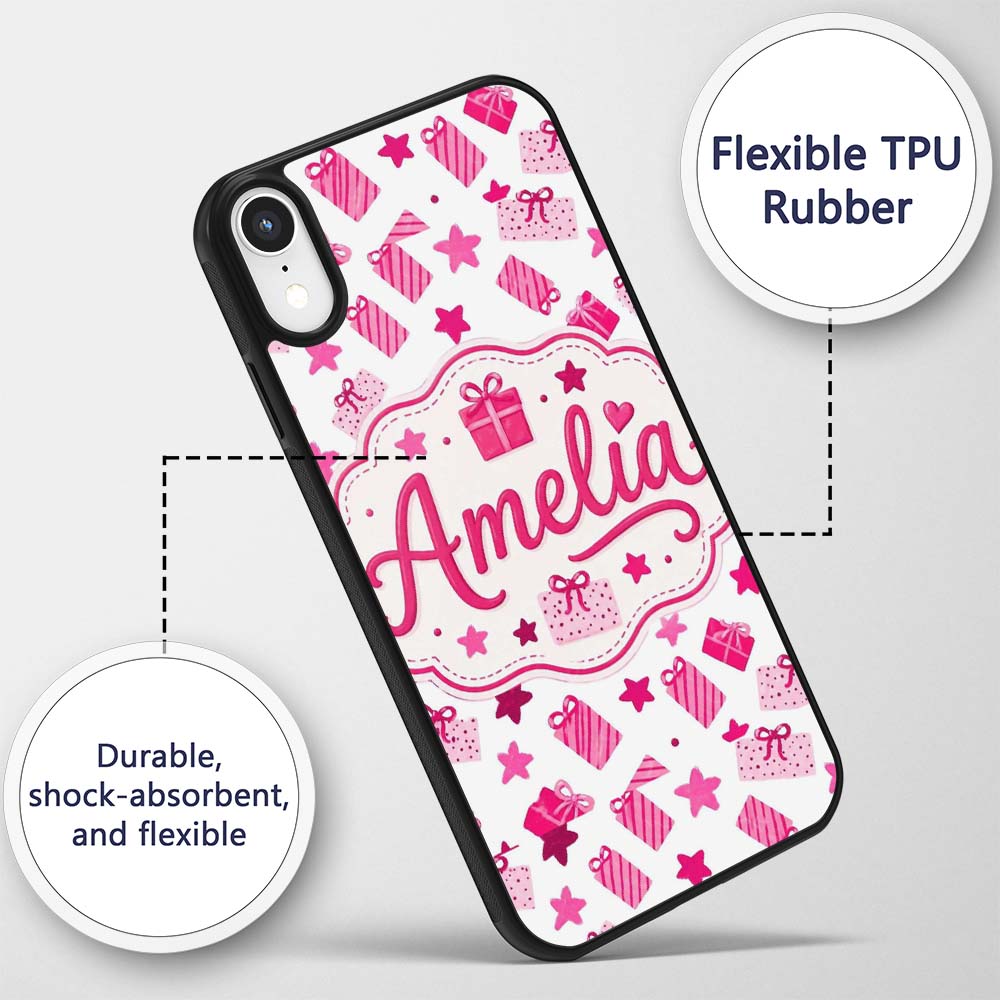 Cute Pink Christmas Gifts Stars Printed Design Custom Name Protective Phone Case Mobile Cover Durable Everyday Smartphone Shock Resistant