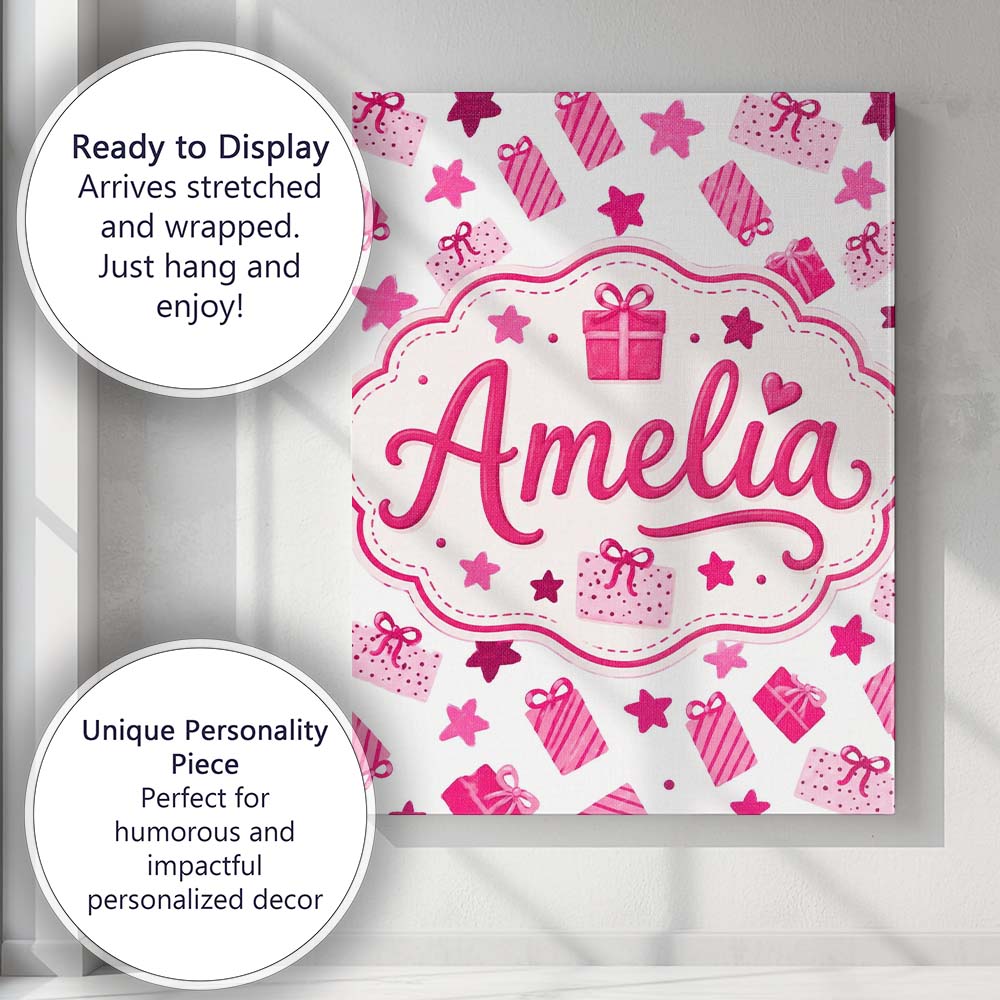 Personalised Name Cute Pink Christmas Gifts Custom  Bespoke Interior Contemporary Canvas Wall Art Print Decor Picture Ready to Hang