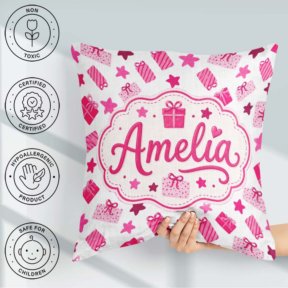 Custom Name Cute Pink Christmas Gifts Stars Hand Drawn Seamless Square Filled Cushion Throw Pillow Sofa Bed Home Decor Zip Washable UK Made