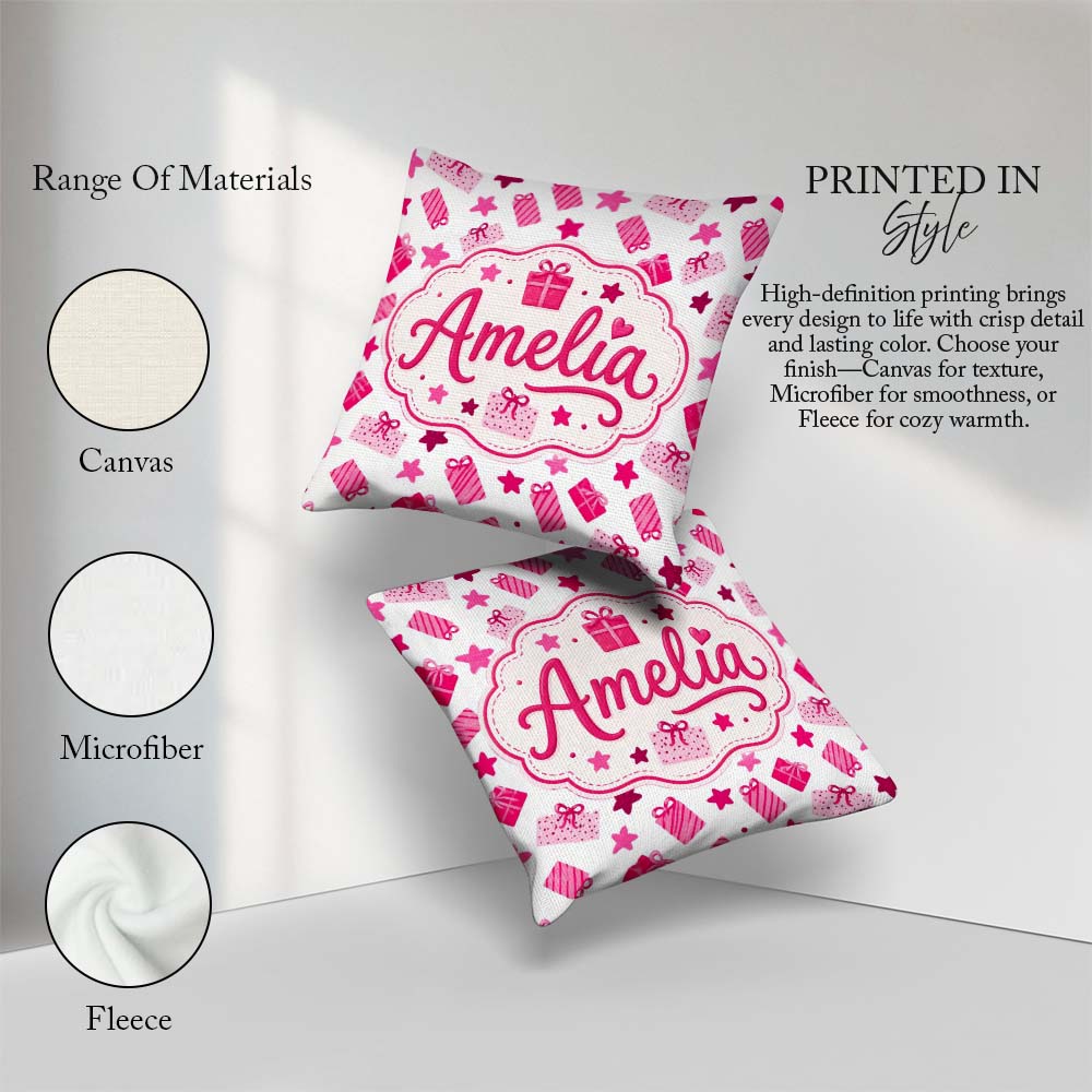 Custom Name Cute Pink Christmas Gifts Stars Hand Drawn Seamless Square Filled Cushion Throw Pillow Sofa Bed Home Decor Zip Washable UK Made