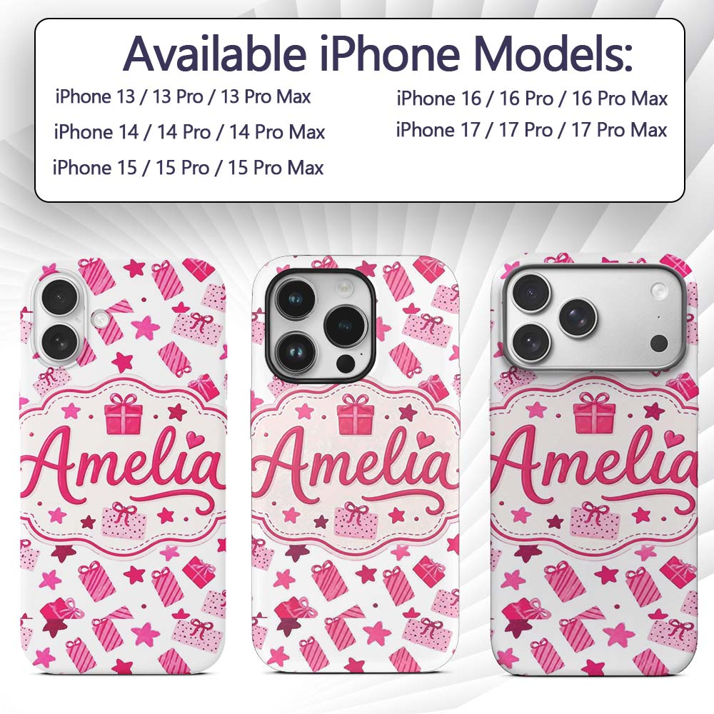 Cute Pink Christmas Gifts Stars Printed Design Custom Name Protective Phone Case Mobile Cover Durable Everyday Smartphone Shock Resistant