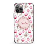 Watercolor Pink Christmas Baubles Pine Leaves Custom Name Protective Phone Case Mobile Cover Durable Everyday Smartphone Shock Resistant