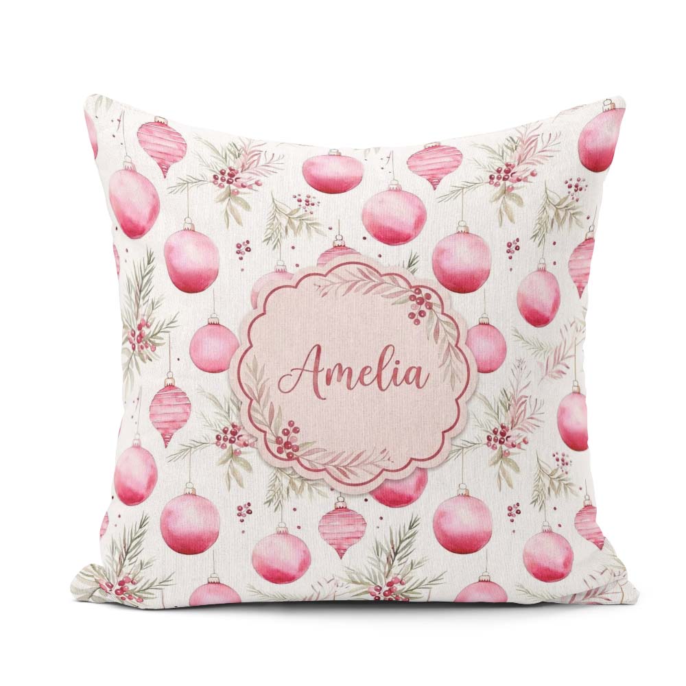 Custom Name Watercolor Pink Baubles Pine Leaves Seamless Pattern Square Filled Cushion Throw Pillow Sofa Bed Home Decor Zip Washable UK Made