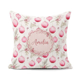 Custom Name Watercolor Pink Baubles Pine Leaves Seamless Pattern Square Filled Cushion Throw Pillow Sofa Bed Home Decor Zip Washable UK Made