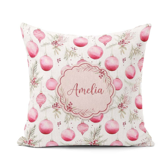 Custom Name Watercolor Pink Baubles Pine Leaves Seamless Pattern Square Filled Cushion Throw Pillow Sofa Bed Home Decor Zip Washable UK Made