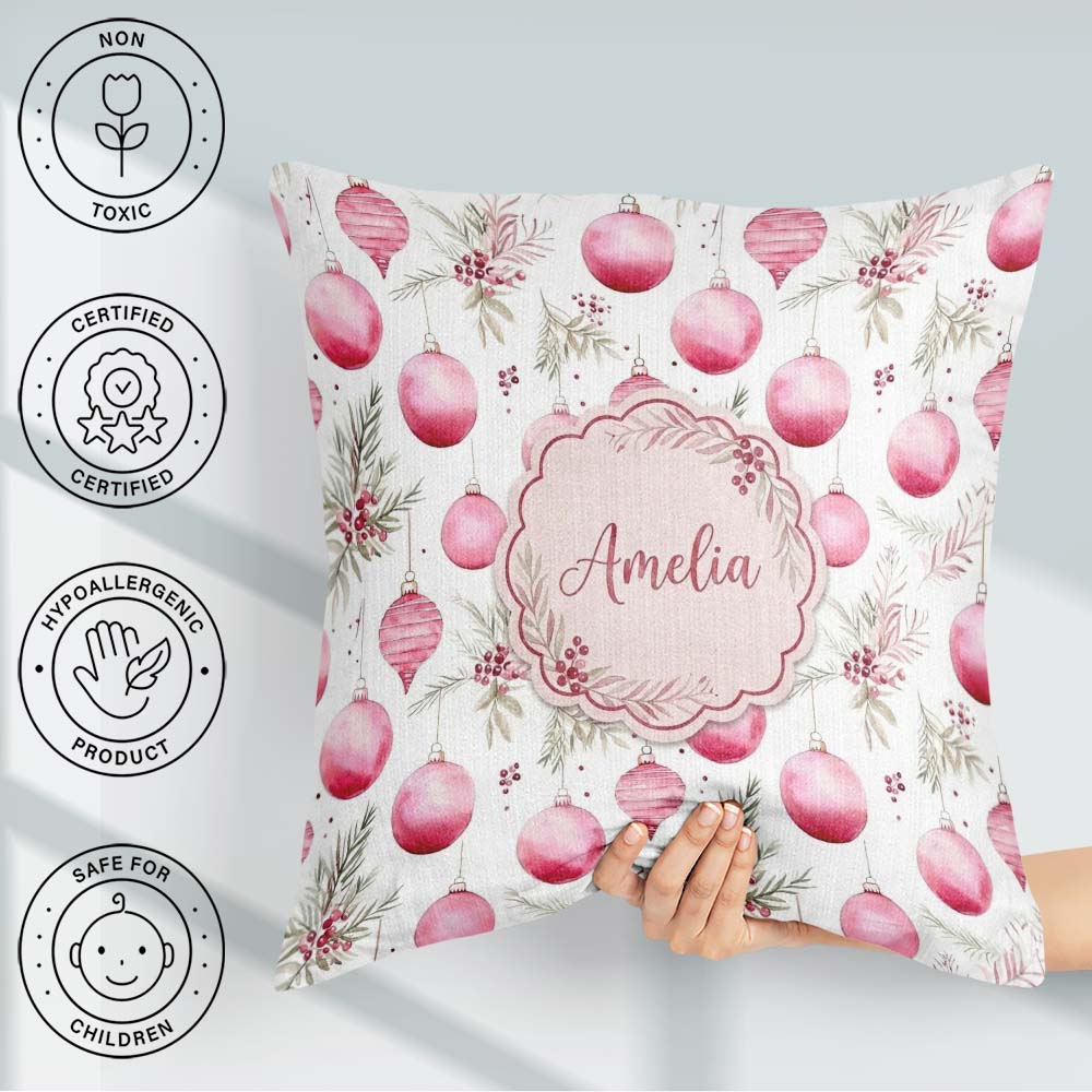 Custom Name Watercolor Pink Baubles Pine Leaves Seamless Pattern Square Filled Cushion Throw Pillow Sofa Bed Home Decor Zip Washable UK Made
