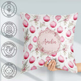 Custom Name Watercolor Pink Baubles Pine Leaves Seamless Pattern Square Filled Cushion Throw Pillow Sofa Bed Home Decor Zip Washable UK Made