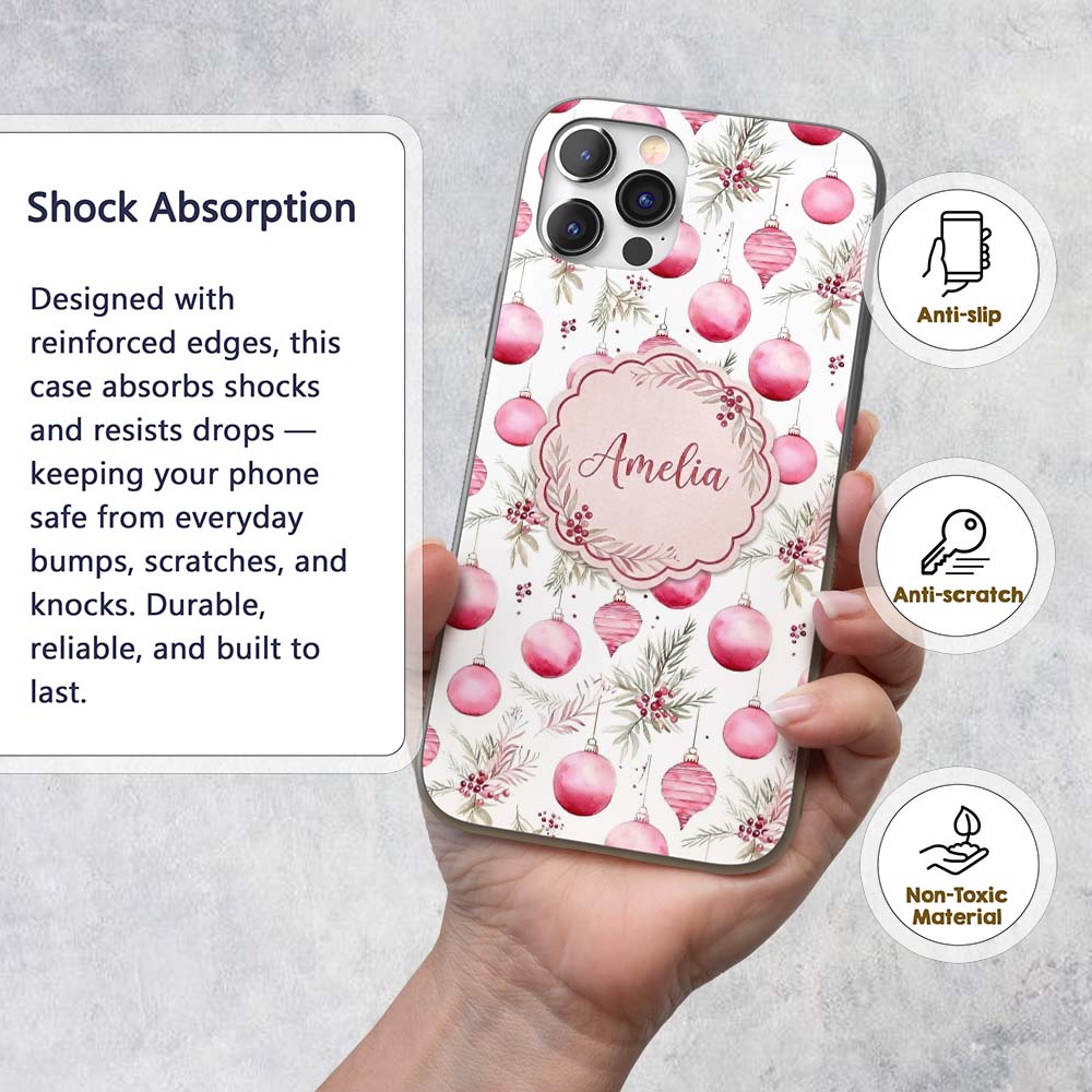 Watercolor Pink Christmas Baubles Pine Leaves Custom Name Protective Phone Case Mobile Cover Durable Everyday Smartphone Shock Resistant