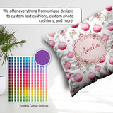 Custom Name Watercolor Pink Baubles Pine Leaves Seamless Pattern Square Filled Cushion Throw Pillow Sofa Bed Home Decor Zip Washable UK Made