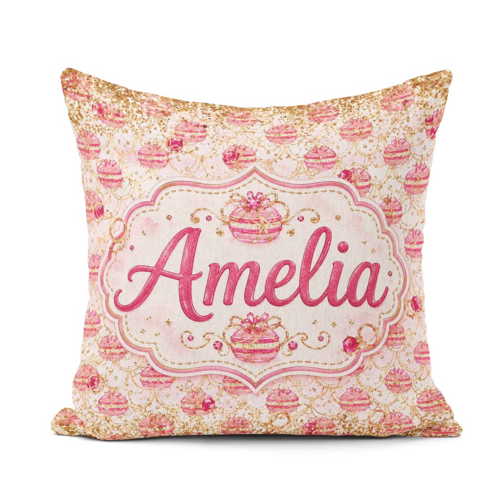Custom Name Luxury Gold Pink Christmas Ornaments Glitter Pattern Square Filled Cushion Throw Pillow Sofa Bed Home Decor Zip Washable UK Made