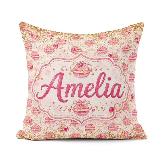 Custom Name Luxury Gold Pink Christmas Ornaments Glitter Pattern Square Filled Cushion Throw Pillow Sofa Bed Home Decor Zip Washable UK Made
