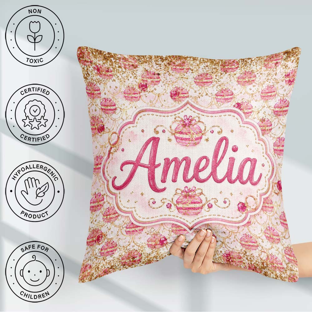 Custom Name Luxury Gold Pink Christmas Ornaments Glitter Pattern Square Filled Cushion Throw Pillow Sofa Bed Home Decor Zip Washable UK Made