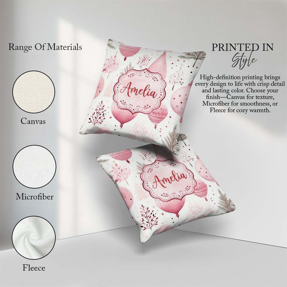 Custom Name Soft Pink Christmas Baubles Botanical Pattern Lovely Square Filled Cushion Throw Pillow Sofa Bed Home Decor Zip Washable UK Made