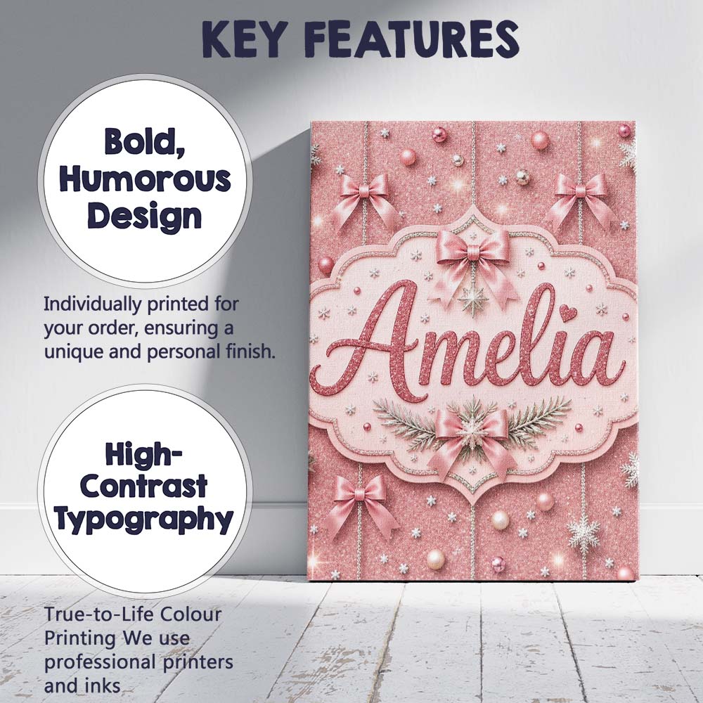 Personalised Name Elegant Pink Christmas Custom  Interior Decorative Contemporary Canvas Wall Art Print Decor Picture Ready to Hang