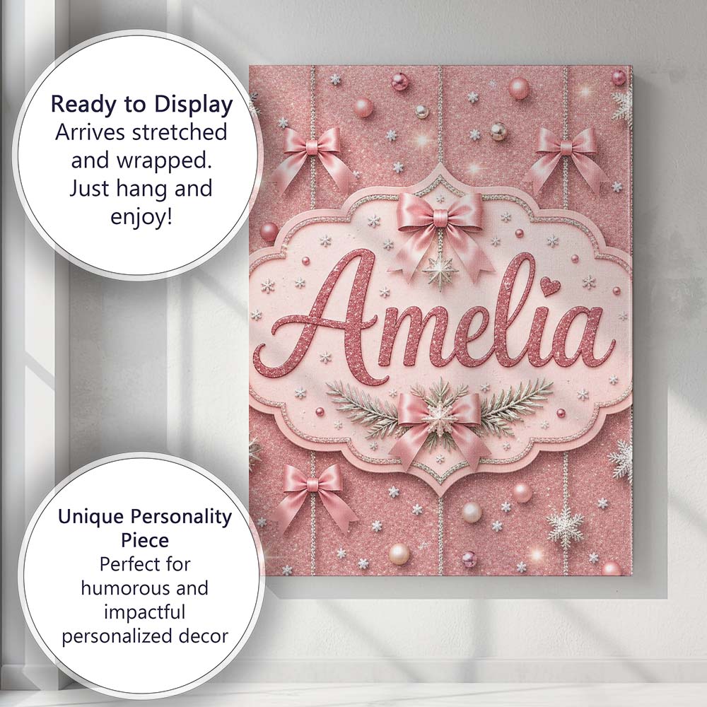 Personalised Name Elegant Pink Christmas Custom  Interior Decorative Contemporary Canvas Wall Art Print Decor Picture Ready to Hang