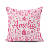 Custom Name Cute Pink Christmas Folk Art Seamless Pattern Idea Square Filled Cushion Throw Pillow Sofa Bed Home Decor Zip Washable UK Made