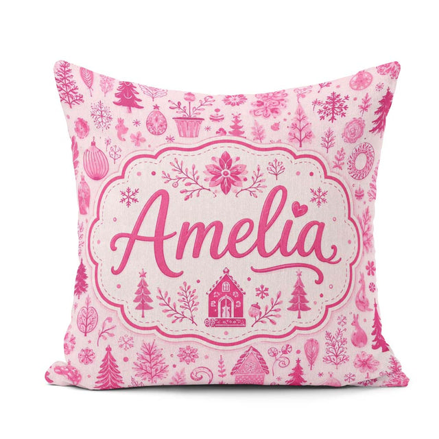 Custom Name Cute Pink Christmas Folk Art Seamless Pattern Idea Square Filled Cushion Throw Pillow Sofa Bed Home Decor Zip Washable UK Made