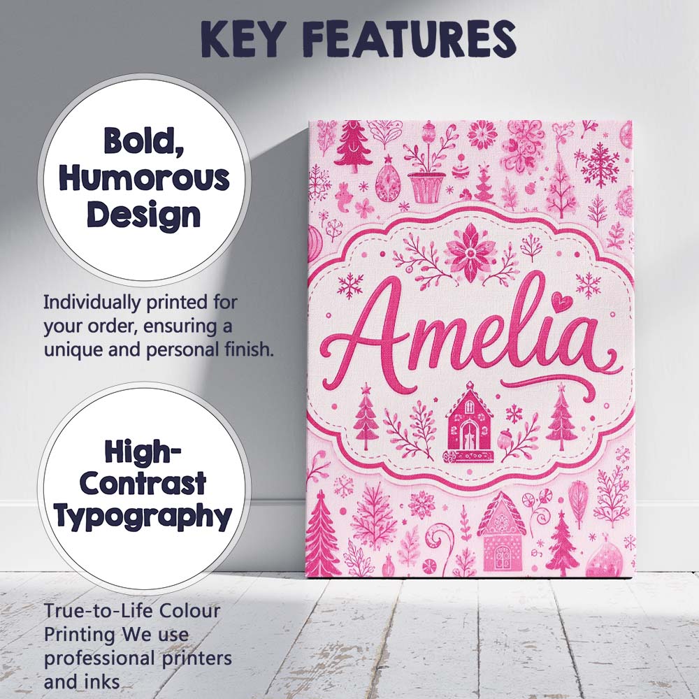 Personalised Name Cute Pink Christmas Folk Custom  Unique Gift Idea Elegant Feature Canvas Wall Art Print Decor Picture Ready to Hang