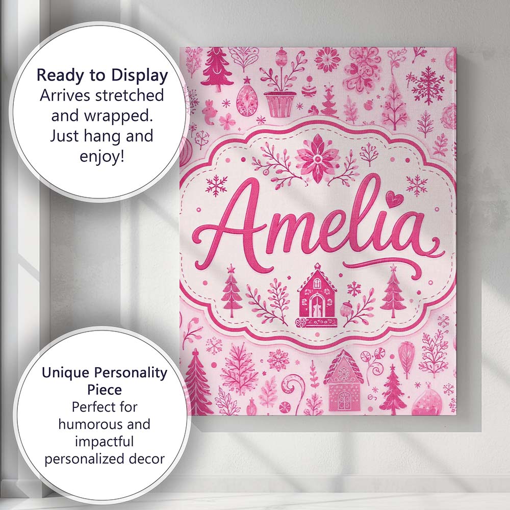 Personalised Name Cute Pink Christmas Folk Custom  Unique Gift Idea Elegant Feature Canvas Wall Art Print Decor Picture Ready to Hang