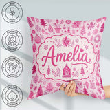 Custom Name Cute Pink Christmas Folk Art Seamless Pattern Idea Square Filled Cushion Throw Pillow Sofa Bed Home Decor Zip Washable UK Made