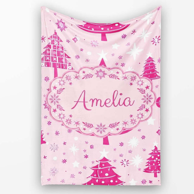 Cute Pink Christmas Trees Snowflakes Stars Seamless Pattern Lovely  Personalised Custom Name Super Soft Fleece Blanket Bed Sofa Throw