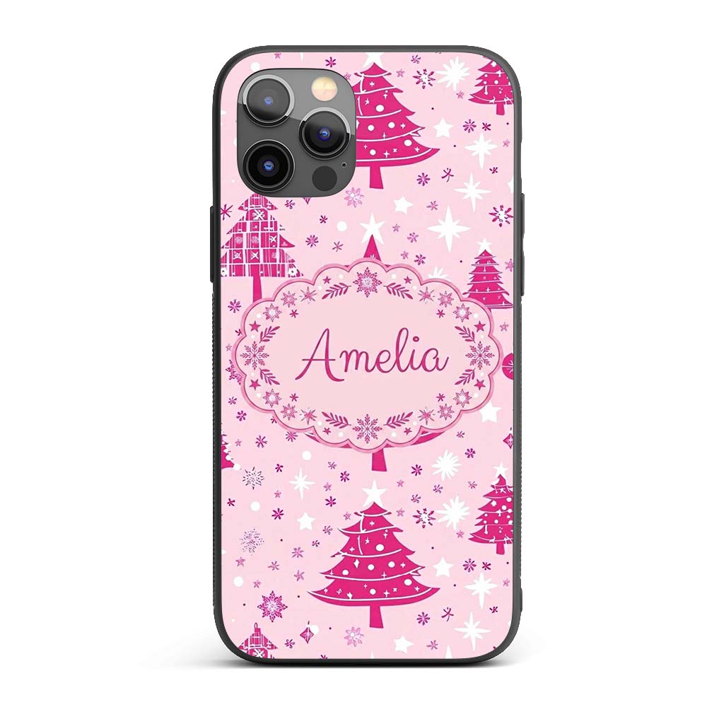 Cute Pink Christmas Trees Snowflakes Stars Printed Design Custom Name Protective Phone Case Mobile Cover Durable Smartphone Shock Resistant