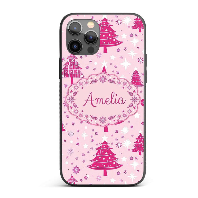 Cute Pink Christmas Trees Snowflakes Stars Printed Design Custom Name Protective Phone Case Mobile Cover Durable Smartphone Shock Resistant
