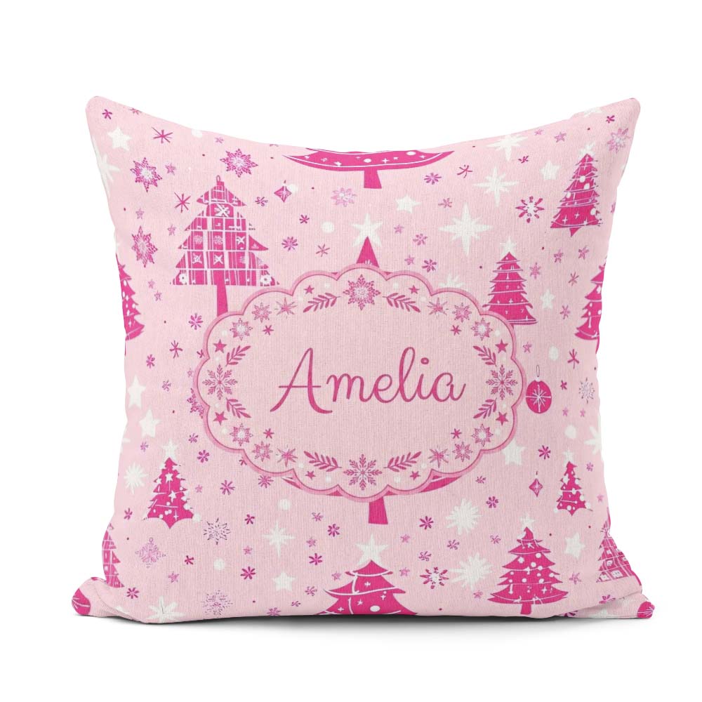 Custom Name Cute Pink Christmas Trees Snowflakes Stars Seamless Square Filled Cushion Throw Pillow Sofa Bed Home Decor Zip Washable UK Made