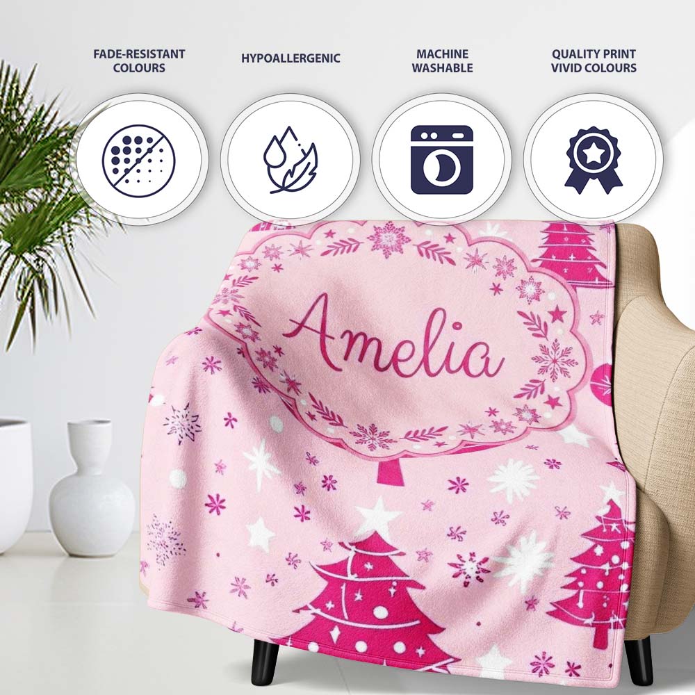 Cute Pink Christmas Trees Snowflakes Stars Seamless Pattern Lovely  Personalised Custom Name Super Soft Fleece Blanket Bed Sofa Throw