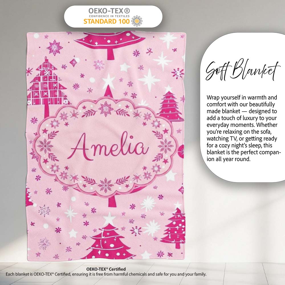 Cute Pink Christmas Trees Snowflakes Stars Seamless Pattern Lovely  Personalised Custom Name Super Soft Fleece Blanket Bed Sofa Throw