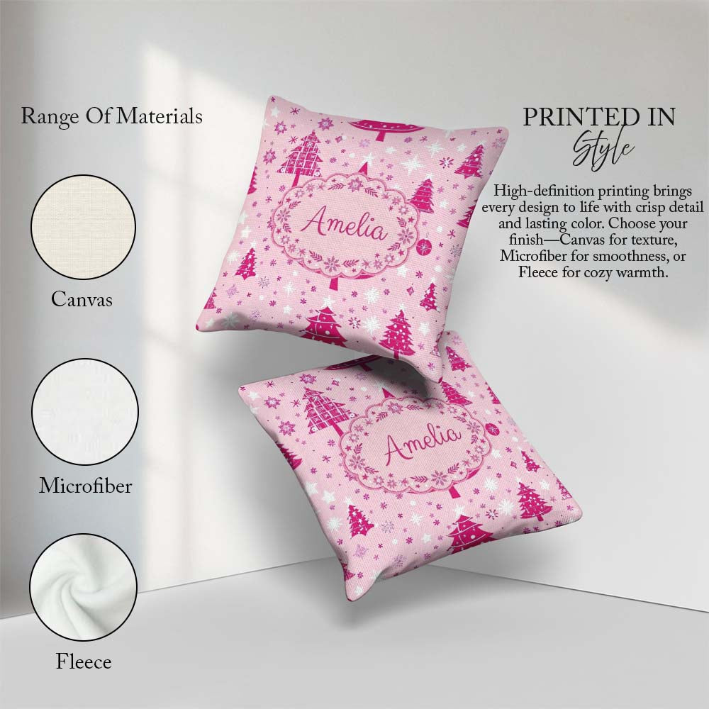Custom Name Cute Pink Christmas Trees Snowflakes Stars Seamless Square Filled Cushion Throw Pillow Sofa Bed Home Decor Zip Washable UK Made