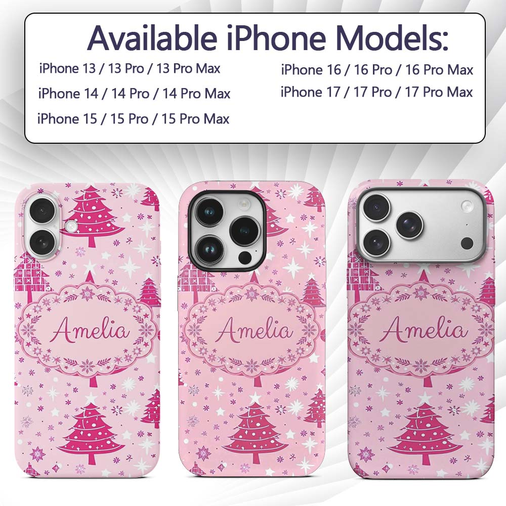 Cute Pink Christmas Trees Snowflakes Stars Printed Design Custom Name Protective Phone Case Mobile Cover Durable Smartphone Shock Resistant