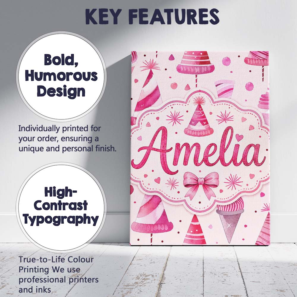 Personalised Name Cute Pink Christmas Party Custom  Bespoke Interior Contemporary Canvas Wall Art Print Decor Picture Ready to Hang