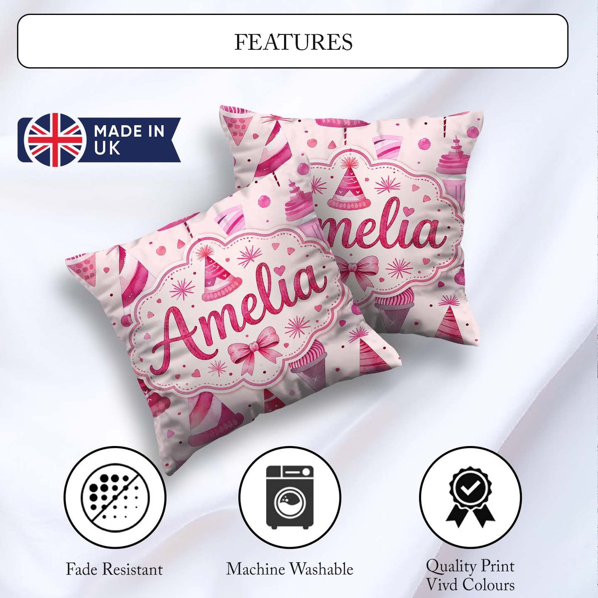Custom Name Cute Pink Christmas Party Hats Fun Seamless Pattern Square Filled Cushion Throw Pillow Sofa Bed Home Decor Zip Washable UK Made