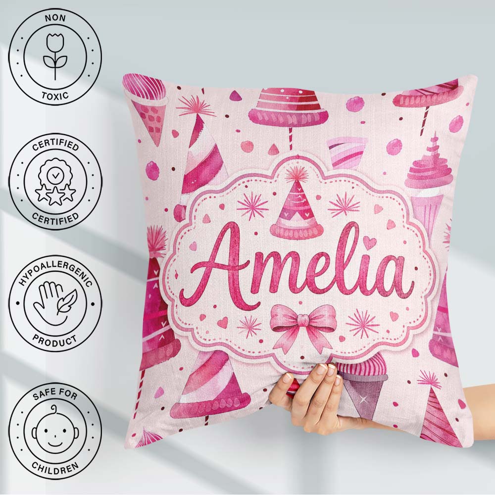 Custom Name Cute Pink Christmas Party Hats Fun Seamless Pattern Square Filled Cushion Throw Pillow Sofa Bed Home Decor Zip Washable UK Made