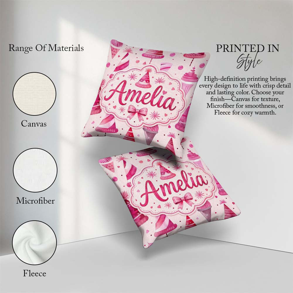 Custom Name Cute Pink Christmas Party Hats Fun Seamless Pattern Square Filled Cushion Throw Pillow Sofa Bed Home Decor Zip Washable UK Made
