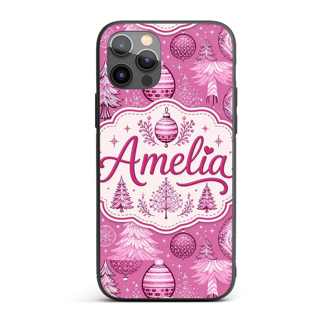 Cute Pink Christmas Trees Ornaments Festive Printed Design Custom Name Protective Phone Case Mobile Cover Durable Smartphone Shock Resistant