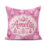 Custom Name Cute Pink Christmas Trees Ornaments Festive Seamless Square Filled Cushion Throw Pillow Sofa Bed Home Decor Zip Washable UK Made