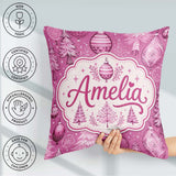 Custom Name Cute Pink Christmas Trees Ornaments Festive Seamless Square Filled Cushion Throw Pillow Sofa Bed Home Decor Zip Washable UK Made
