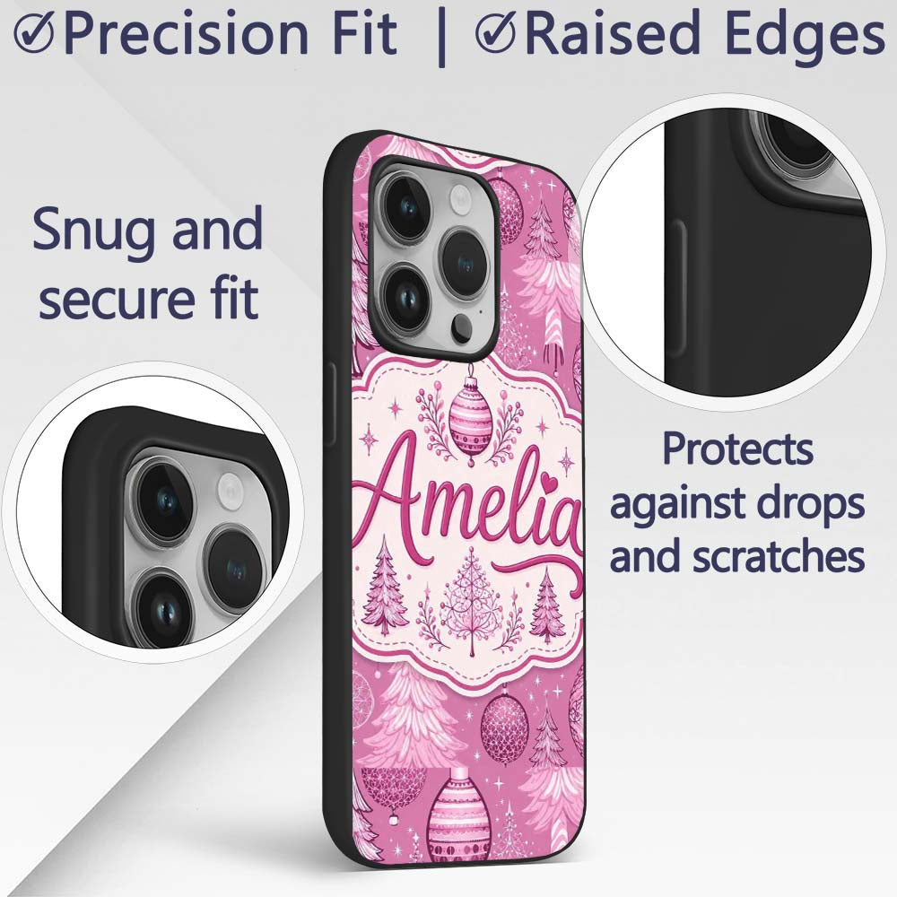 Cute Pink Christmas Trees Ornaments Festive Printed Design Custom Name Protective Phone Case Mobile Cover Durable Smartphone Shock Resistant