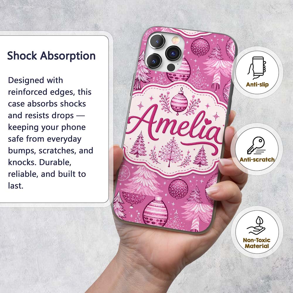 Cute Pink Christmas Trees Ornaments Festive Printed Design Custom Name Protective Phone Case Mobile Cover Durable Smartphone Shock Resistant