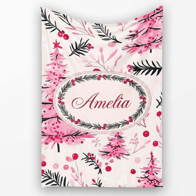Watercolor Pink Christmas Trees Berries Branches Seamless Pattern  Personalised Custom Name Super Soft Fleece Blanket Bed Sofa Throw
