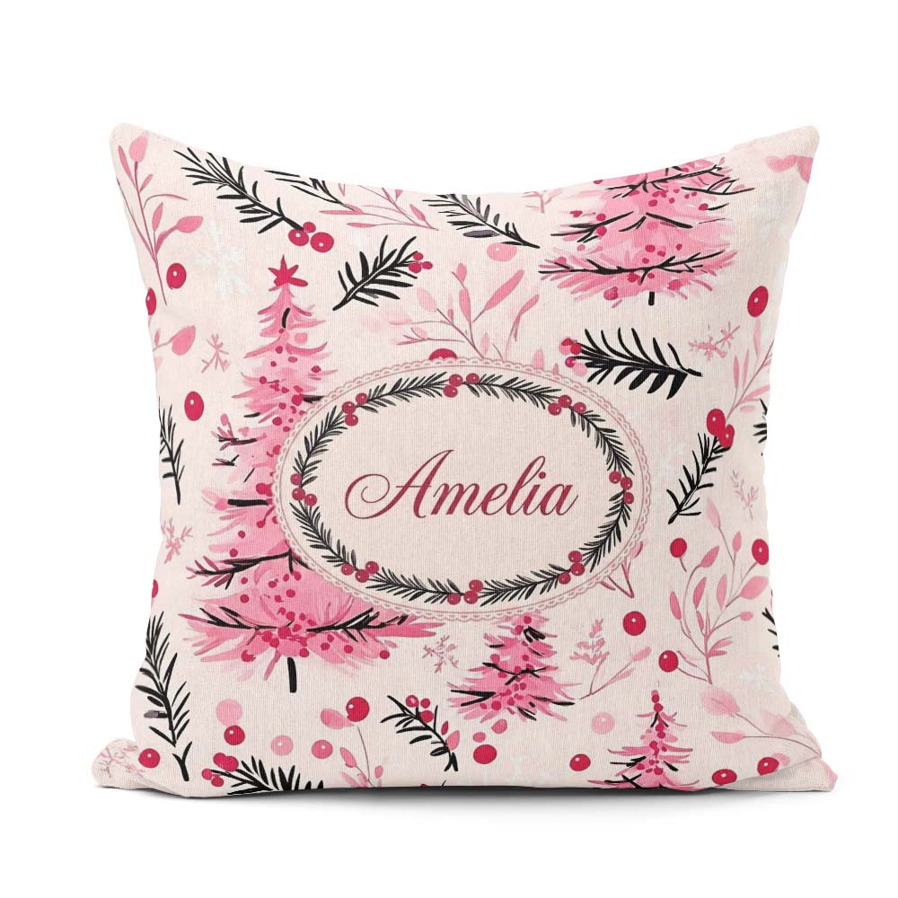 Custom Name Watercolor Christmas Trees Berries Branches Seamless Square Filled Cushion Throw Pillow Sofa Bed Home Decor Zip Washable UK Made